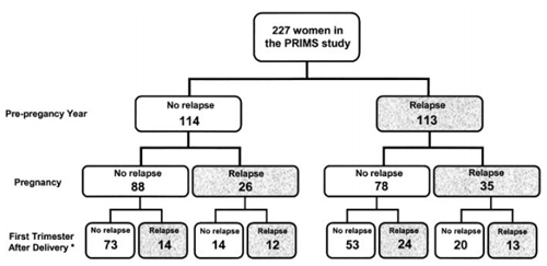 Flow chart of patients showing the presence or absence of relapses. From Vukusic S. et al., Pregnancy and multiple sclerosis (the PRIMS study): clinical predictors of post-partum relapse. Brain. 2004 Jun;127(Pt 6):1353-60 by permission of Oxford University Press.