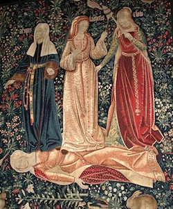 This Flemish tapestry (ca. 1510-1520), known as "The Triumph Over Death," depicts the three fates of Morai standing over Chastity. Clotho, standing on the right, was responsible for "spinning the thread of life," determining when and where people and gods were born.