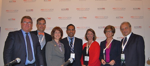 Members of the alliance and grant recipients came together as a panel at a press conference at the ACTRIMS-ECTRIMS joint meeting in Boston, MA. From the left, Alan Thompson, Bruce Bebo, Cynthia Zagieboylo, Don Mahad, Nancy Chiaravalloti, Paola Zaratin, and Giancarlo Comi. Credit: Cynthia McKelvey.